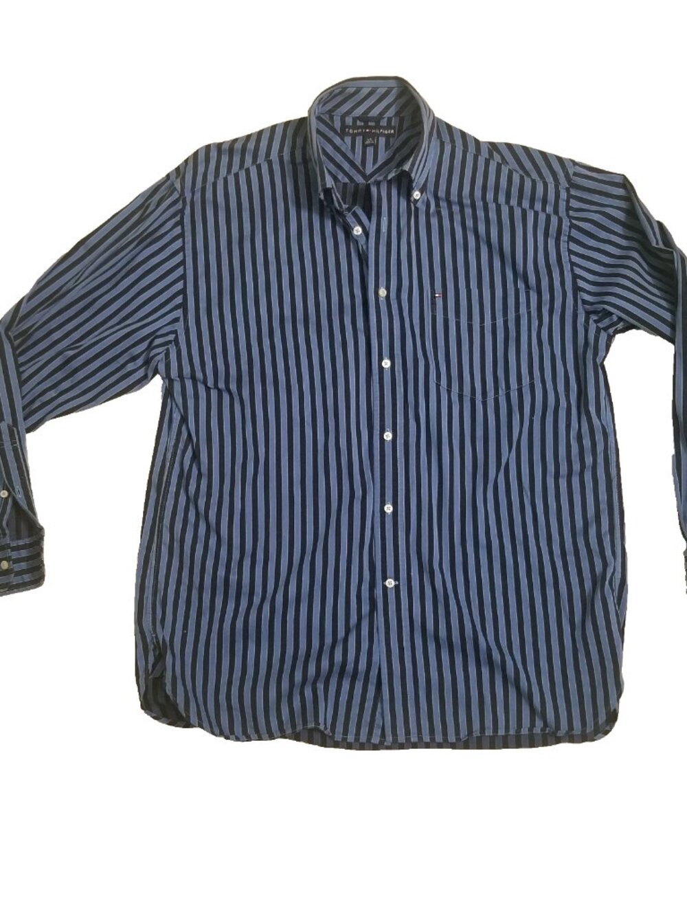 Tommy Hilfiger Mens Shirt L Button Down L/S Blue Black Stripes 100% Cotton